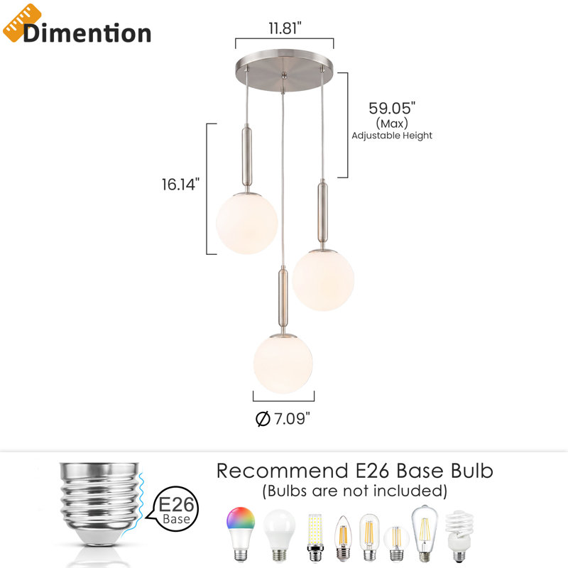 Suspension à 3 globes lumineux, Nickel brossé, 3