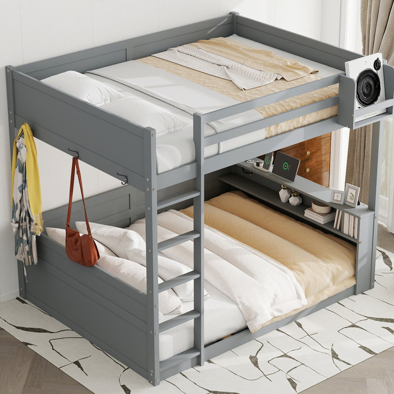 Queen Size, Loft Bed, Grey, Built - In Shelving, Storage, Led Illumination, Charging, Multi Use Bedroom, Assembly Tools, 3 Metal Clothes Hooks Wooden Bunk Shelves, , , Grey Color, Contemporary Hooks,
