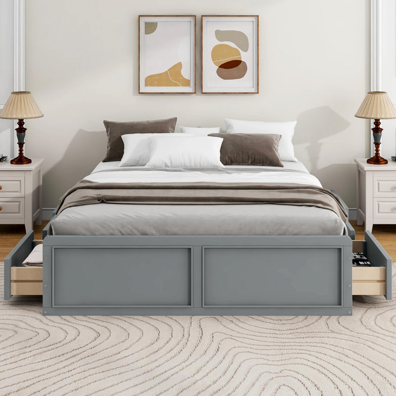 Structure de lit plateforme en bois avec 6 tiroirs, gris