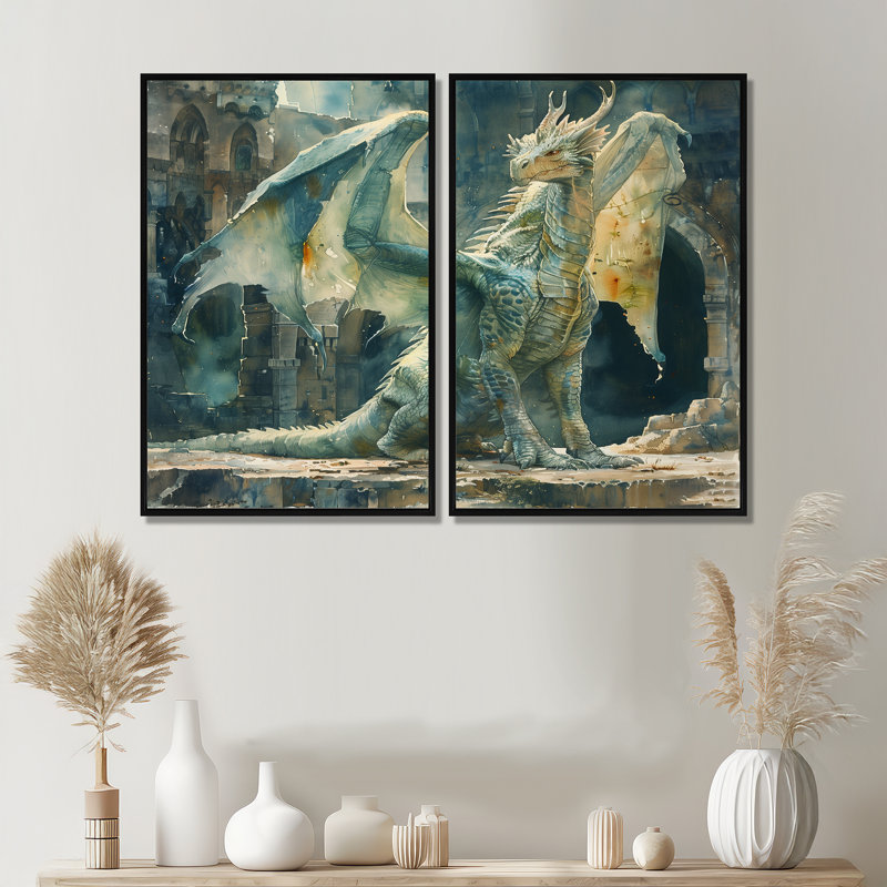 Green Ancient Ruins Dragon I - Abstract Dragons Canvas Wall Art 2 Pieces, Floater Framed Print, Black, 36" H x 48" W