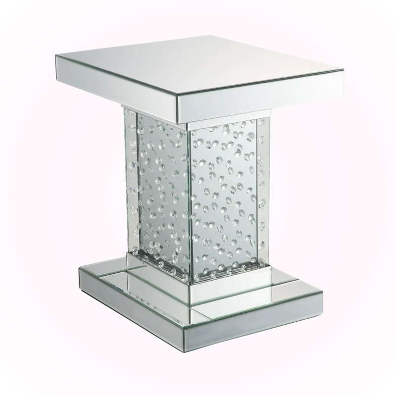 Table de bout à miroir Elegant Iridescence - incrustation de faux cristal avec plateau en verre trempé de 5 mm pour un salon glamour