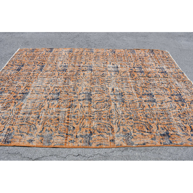 Grand tapis turc vintage en laine orange vif pour une décoration de chambre élégante bleu / orange