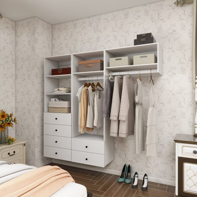 White Modular Walk in Closet Organizer System with 2 rods 5 shelves and 6 drawers