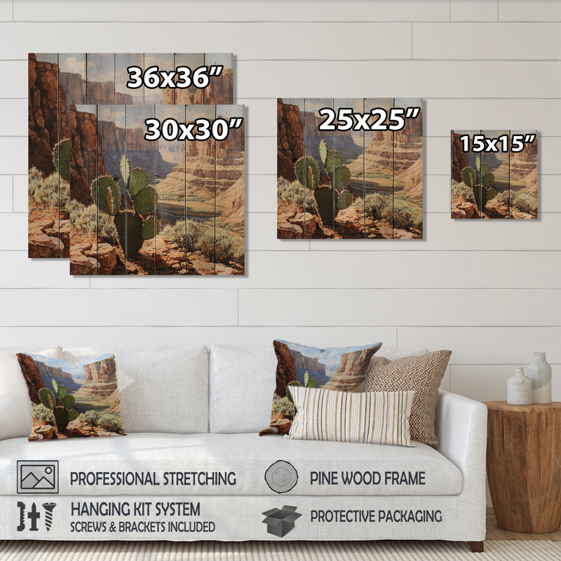 Cactus et le canyon en Arizona I - décoration murale en bois de cactus floral - sur bois de pin naturel
