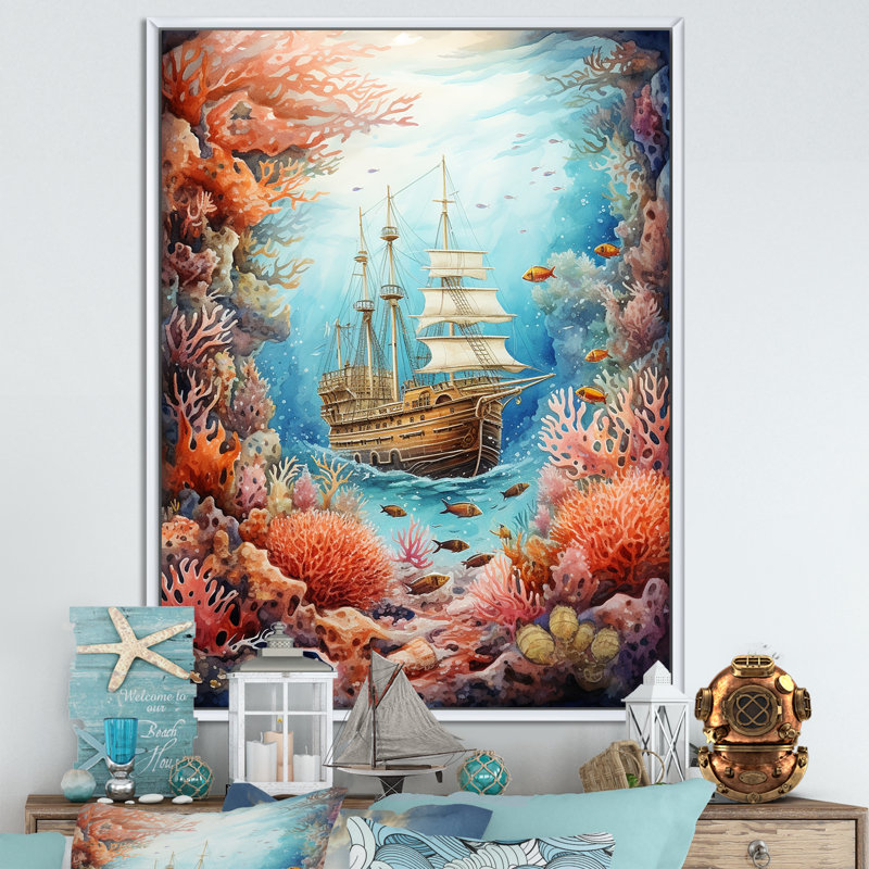 «Pirate Boat Under Water Memory I - Beach & Ocean», reproduction d'art sur toile, Cadre flottant blanc