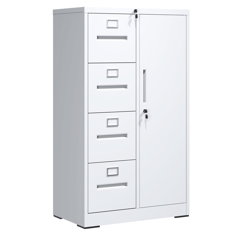 Classeur vertical en acier blanc avec serrure et 4 tiroirs - Construction, environnement de travail paisible, assemblage facile