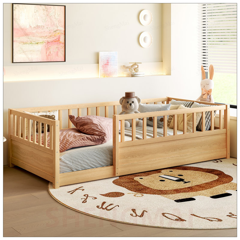 Lit simple Montessori avec garde-corps de sécurité, structure en bois à profil bas pour enfants, aucun sommier requis, idéal pour les chambres partagées