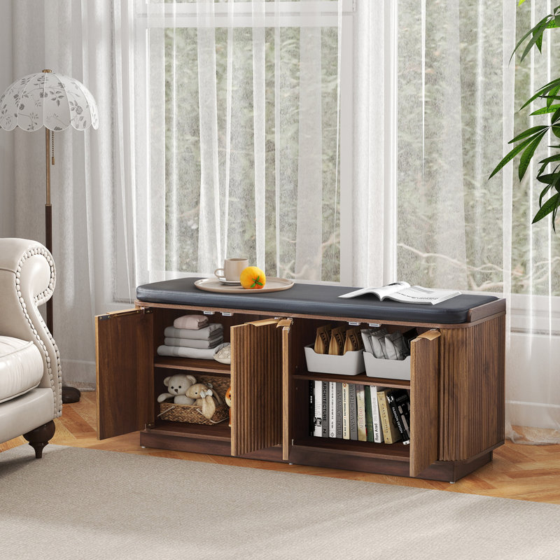 8 Pair Upholstered Shoe Storage Bench With 2 Cabinet, Walnut