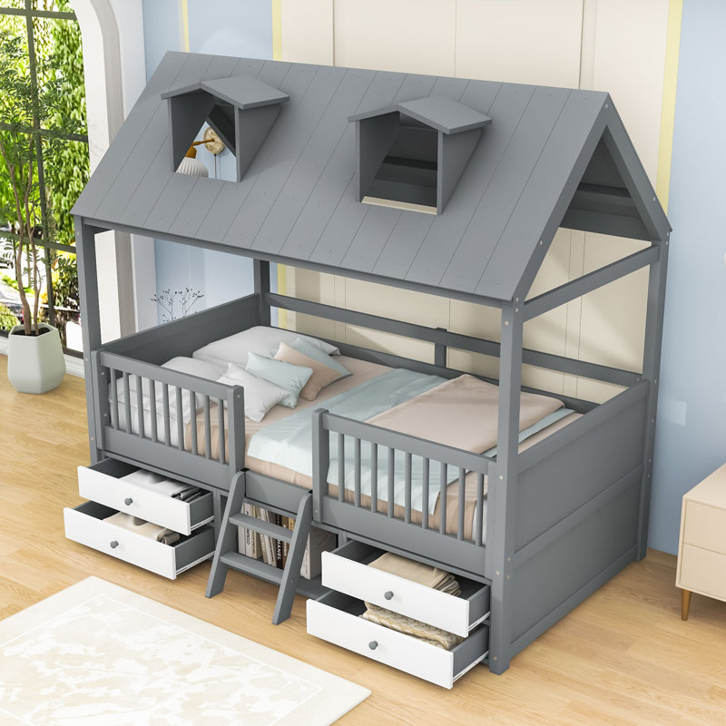 Enchanting Wooden House Bed With Skylights And Ladder, Twin, Gray