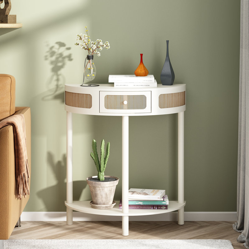  Cantina 31"W Half Round Solid Wood Console Table,Authentic Rattan Half Moon Accent Table, White/Natural