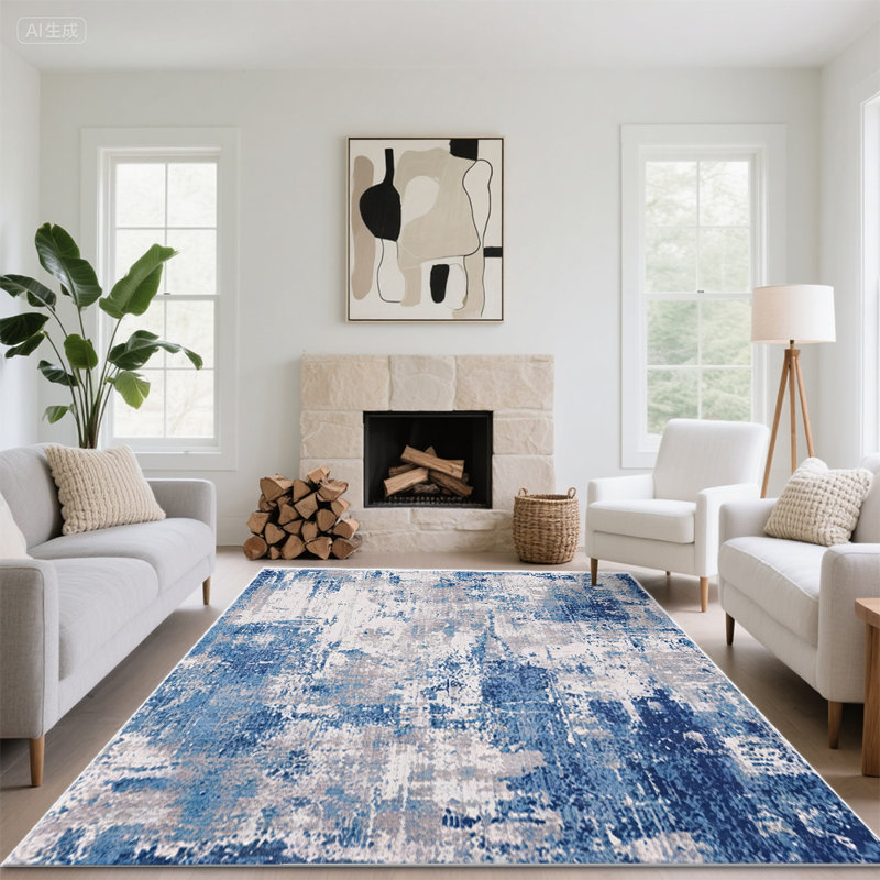 Machine-washable Area Rug Blue Abstract Art Non-slip Living Room Rug, Rectangle 5' x 7'