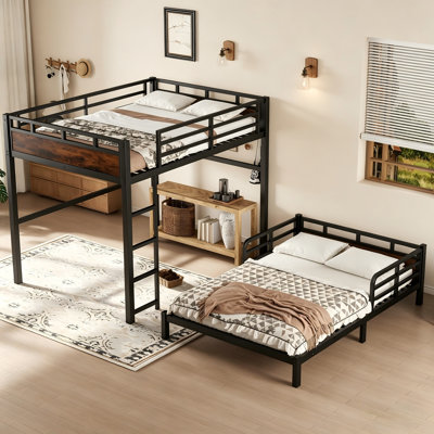 Lit superposé en métal noir et rétro double au dessus d'un lit double, convertible en lit mezzanine et lit plateforme, clôture de sécurité surélevée, réduction du bruit, aucun sommier tapissier requis