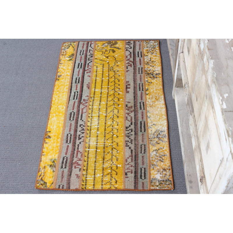 Hand Tufted Vintage Turkish Small Rug Patchwork Design In Yellow For Entryway Home Decor Accent