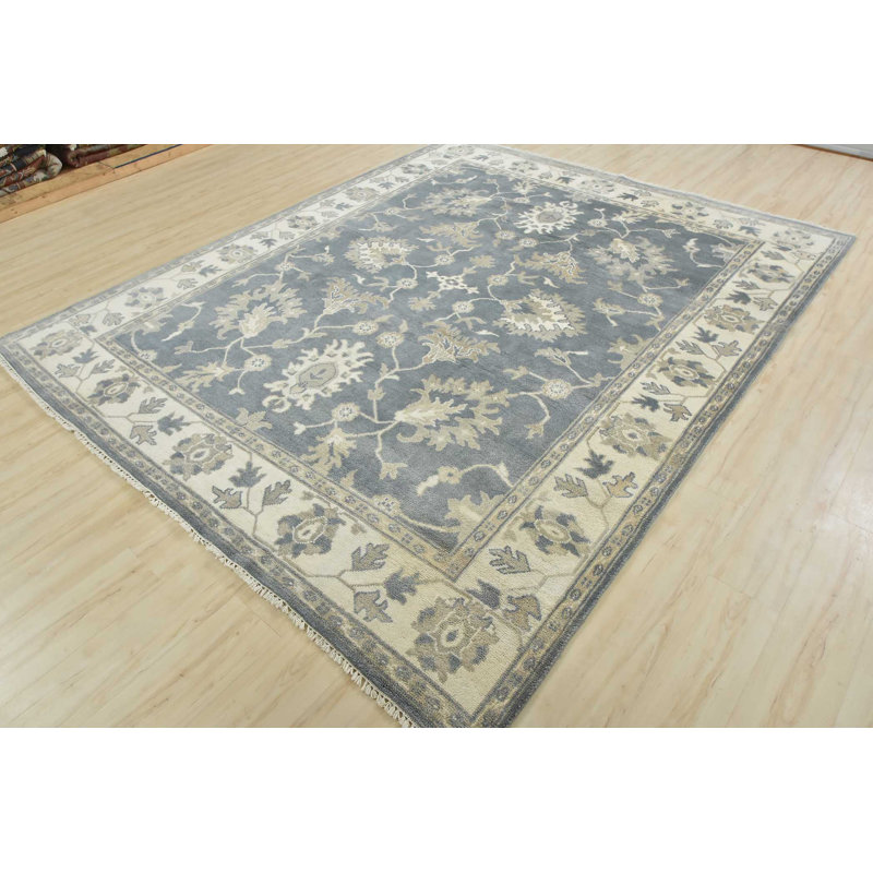 Tapis bleu en laine noué à la main de conception unique 8 pi 3 po x 9 pi 10 po Gabrialla