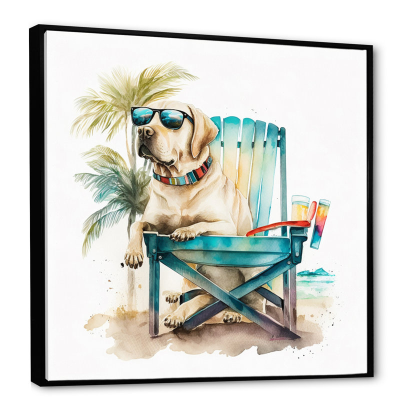 «Dog on Chair at the Beach II», reproduction sur toile, H 24 po x l 24 po, Cadre flottant érable