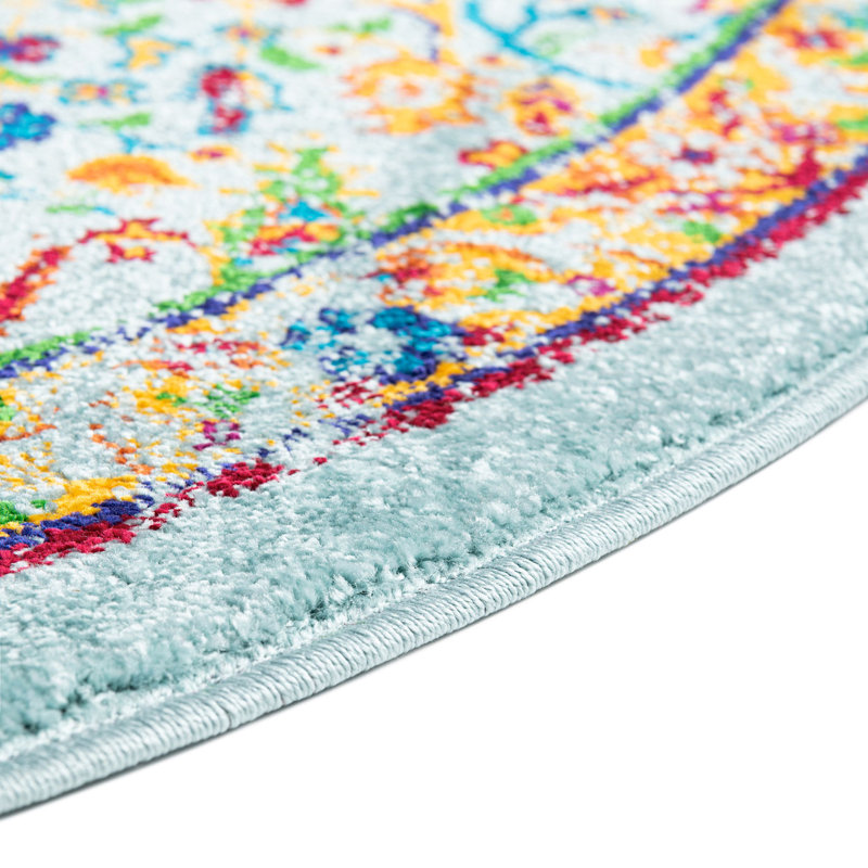 Round Floral Power Loomed Polypropylene Area Rug in Aqua/Blue/Orange, Round 5'3"