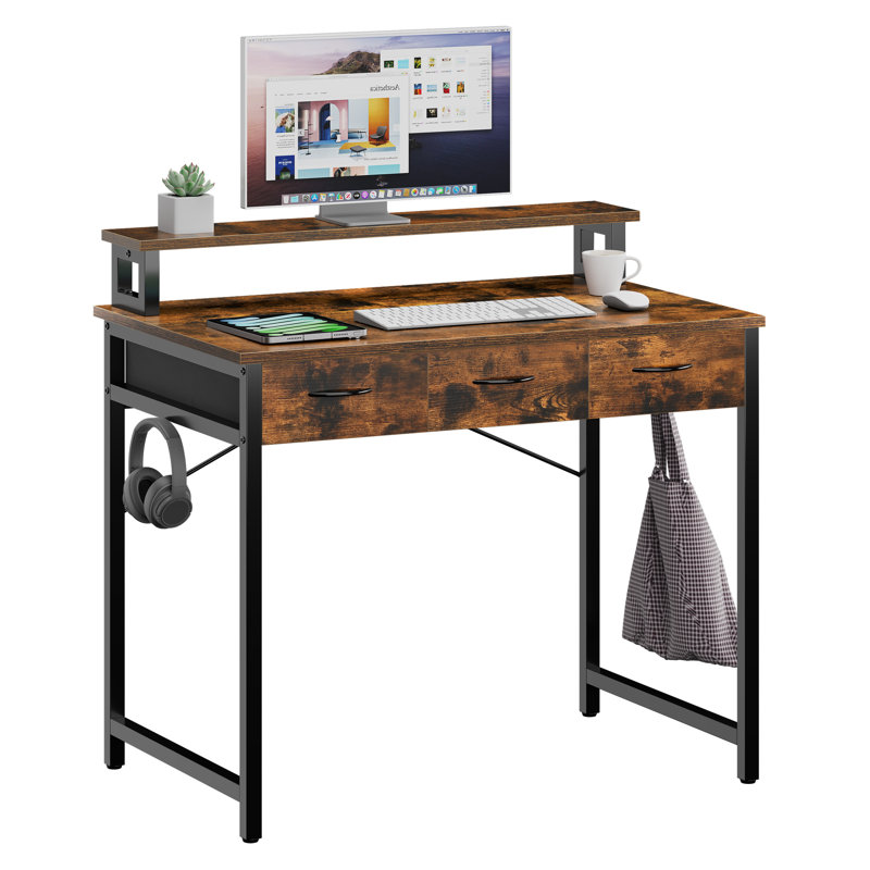 31.4'' W Small Computer Desk with Drawers, Monitor Stand & Hooks, Brown/Black