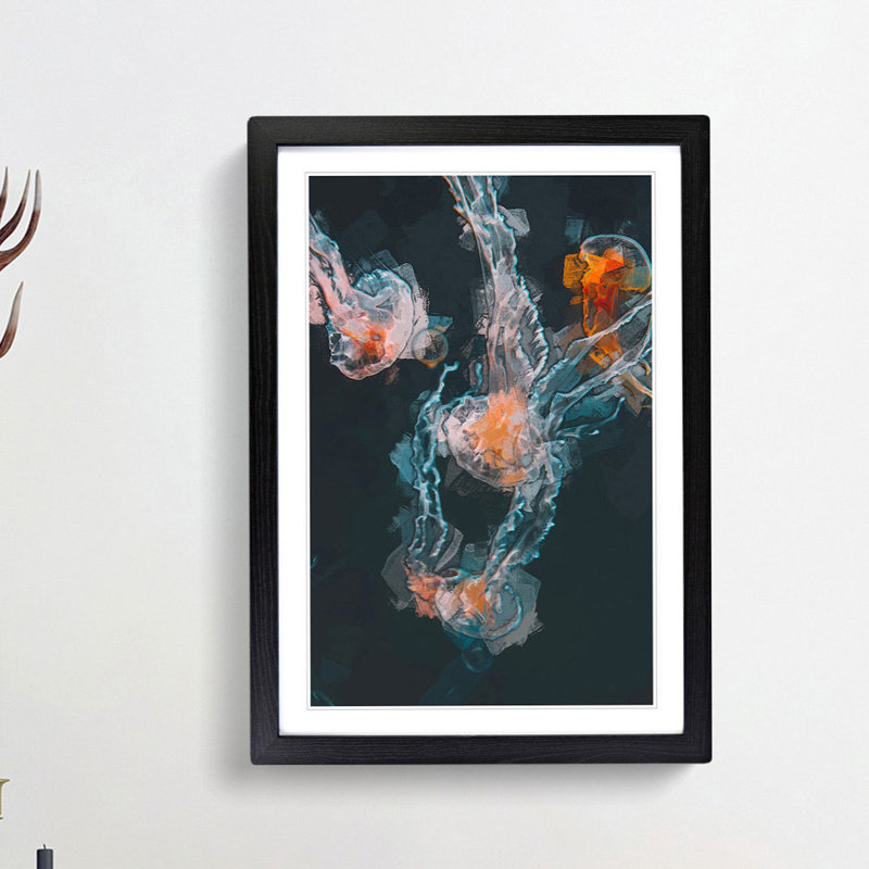 Peach Jellyfish in Abstract - Framed Print, 65cm H x 48cm W x 2cm D, Black Framed