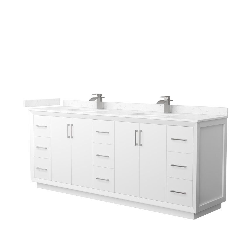 Ensemble de meuble-lavabo double 84 po Strada_Carrara, Marbre de culture blanc, Blanc, Nickel brossé