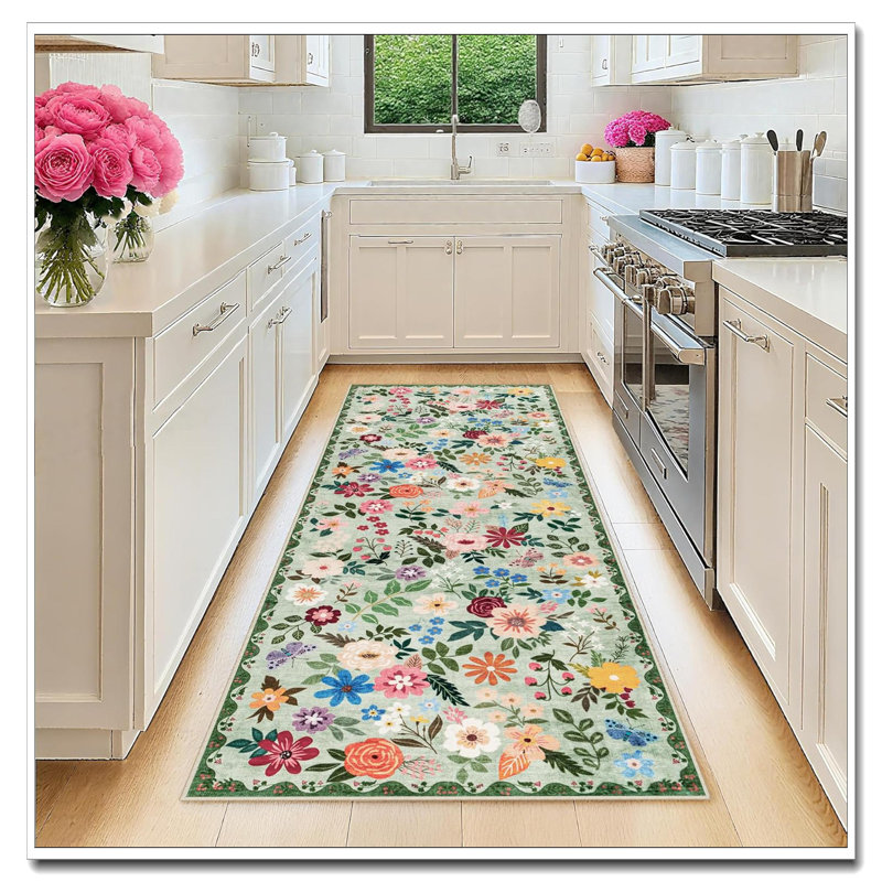 Runner Rug 2X6 Green, Floral Non-Slip Washable -Thin Soft Indoor Carpet, Stain Resistant Rug For Hallway Entryway Bedroom Kitchen Laundry Bathroom Dorm