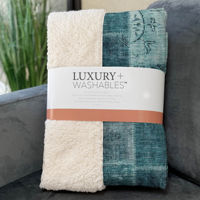 Addison Machine Washable Sherpa ASB631 Patchwork Throw Blanket, Teal