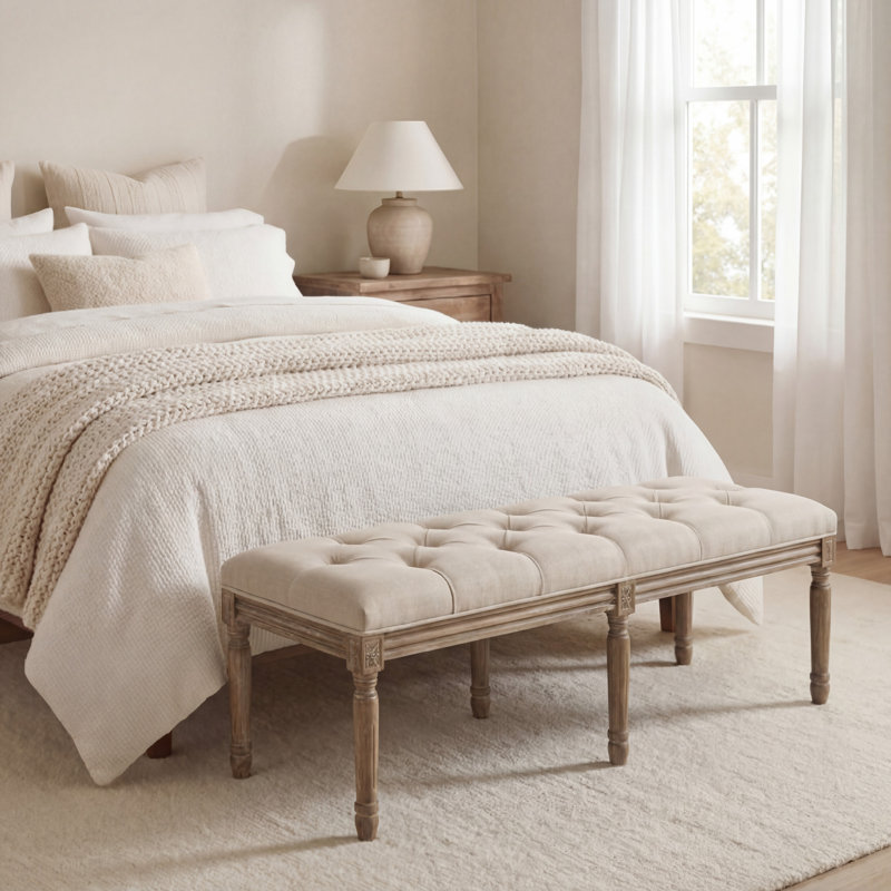 Moneta Upholstered Bench, Beige Linen