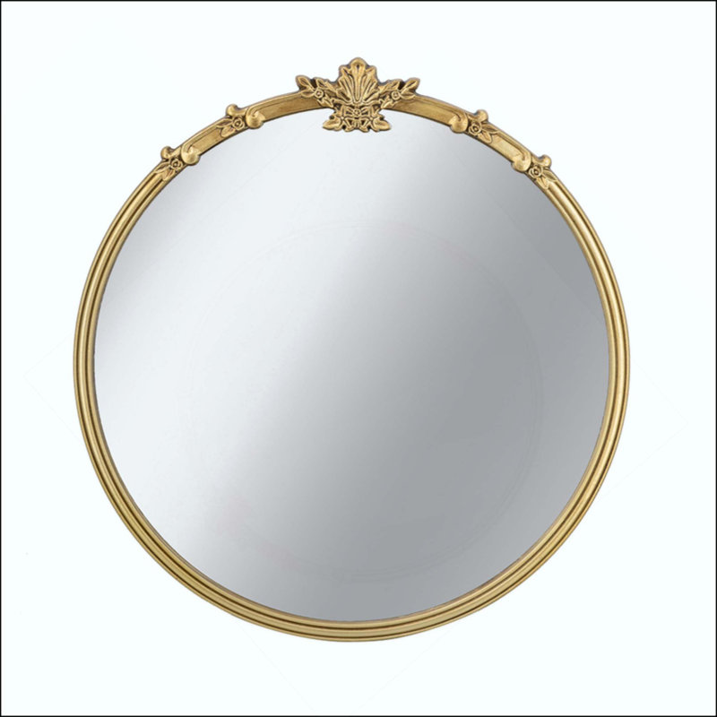 Round Wall Mirror With  Finish And Decorative Leaf Crest