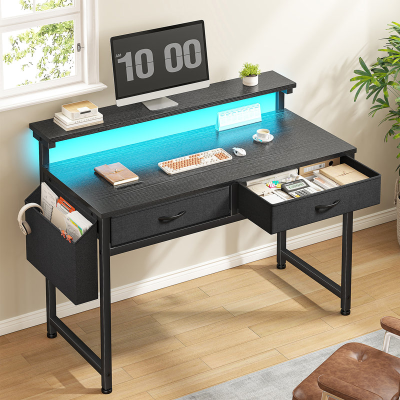 Small Computer Desk With 2 Drawers & LED Lights,Home Office Desks With Side Pocket And Monitor Stand, Black