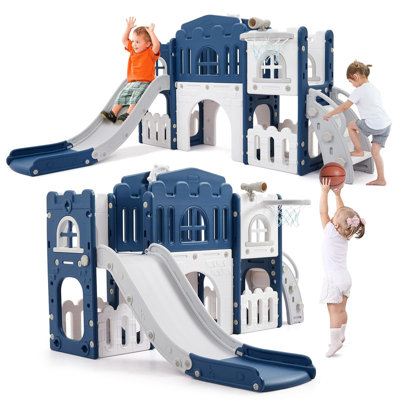Aire de jeu intérieure 8 en 1 pour tout-petits, ensemble de jeu pour tout-petits 1 à 3 ans, aire de jeux extérieure pour enfants avec panier de basketball, grimpeur, tunnel rampant, télescope, rangement pour jouets