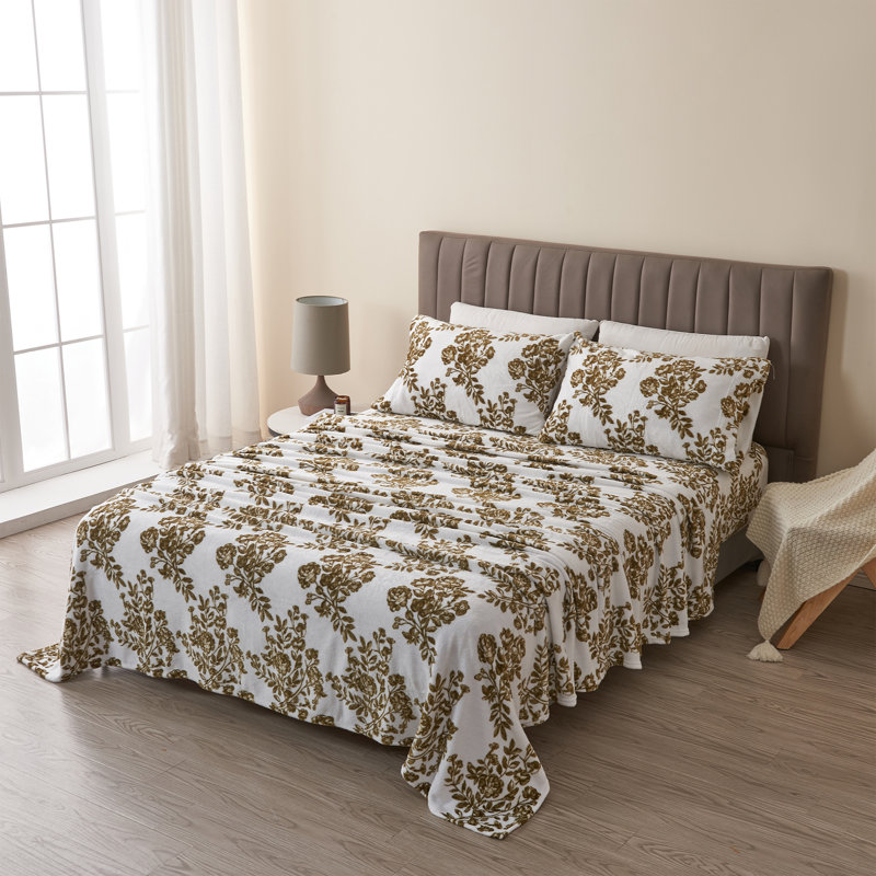 Ensembles de draps en velours ultra doux, Ensemble de draps pour grand lit + un drap-housse , Floral, Toile / olive