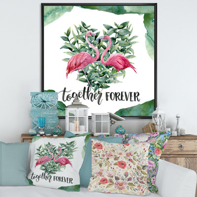 Flamant rose avec cœur et feuilles d'eucalyptus - peinture sur toile
