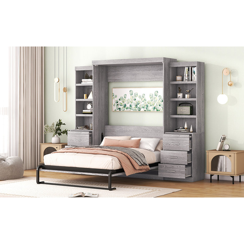 Lit double gris avec espaces de rangement et tiroirs utiles - Conception de construction fiable