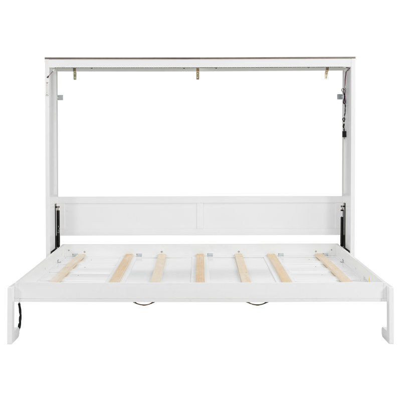 Lit escamotable pleine grandeur avec lumière DEL, armoire murale pliable, bureau convertible, compact et fonctionnel, blanc et brun