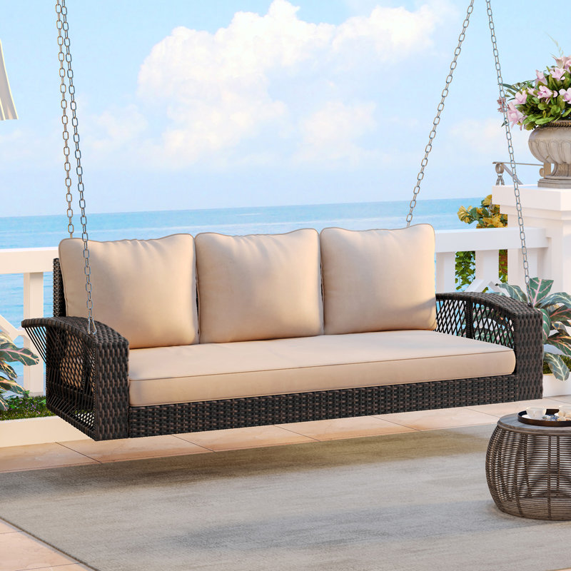 GO 69" PE Wicker 3-Person Porch Swing With Chains, Beige/Brown