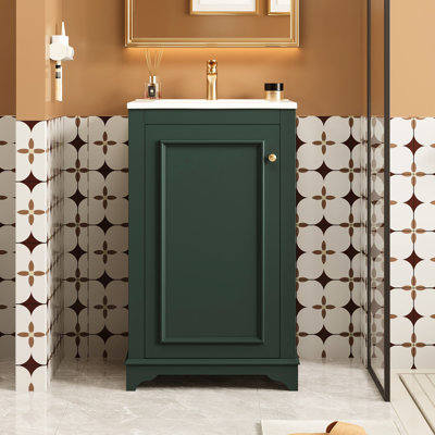 Meuble-lavabo de salle de bain avec lavabo en céramique intégré, meuble-lavabo simple autoportant, porte à fermeture en douceur et tablette réglable pour les objets personnels encastrés modernes, besoins de rangement personnalisables
