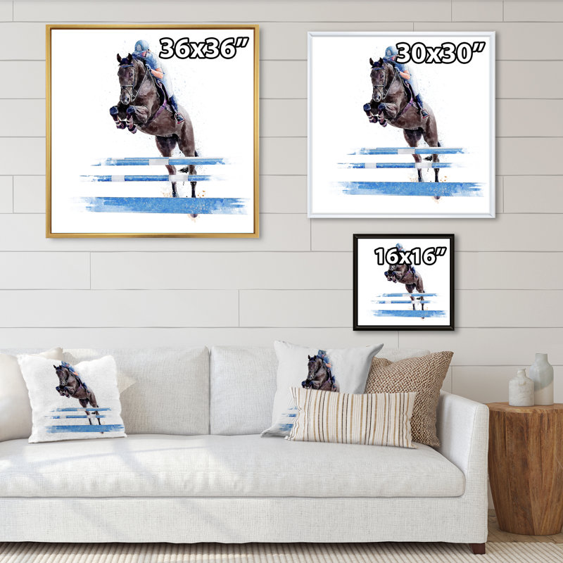 «Jockey» sautant sur un cheval noir - œuvre d'art sur toile, H 16 po x l 16 po x P 1 po, Cadre flottant noir