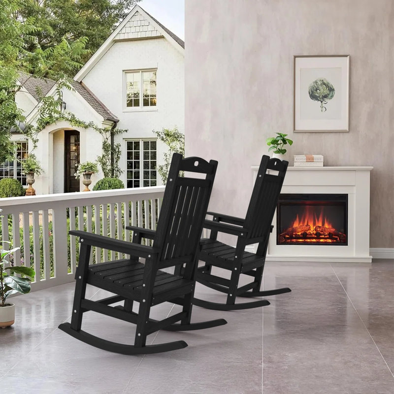 Outdoor Adirondack Rocking Chair HIPS All Weather Oversized Plastic Patio Chair Rocker（Set Of 2）, Black