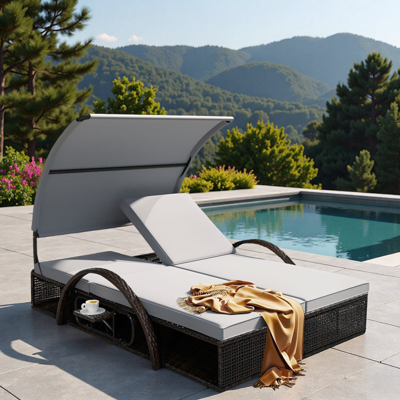 Outdoor Steel Frame Sun Lounger With Curved Sun Canopy, Adjustable Backrest, Hidden Side Table And Arched Armrests, Gray