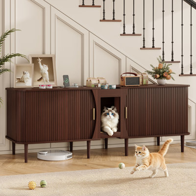 70.08" Double Cat Litter Box Enclosure with Power Outlet, 2-in-1 TV Stand with Hidden Litter Box, Sliding Tambour Door, Cat Scratching Pad & Solid Wood Legs