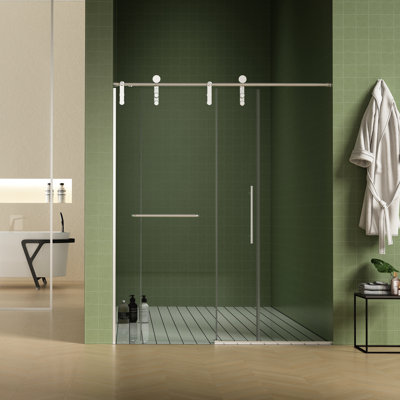 Shower Door 56"-60"W X 70"H, 8Mm Tempered Glass Enclosure, Brushed Nickel, Towel Bar, Double Side Clean Coat And Buffer Quality Sliding For Bathroom, Glass, Waterproof,