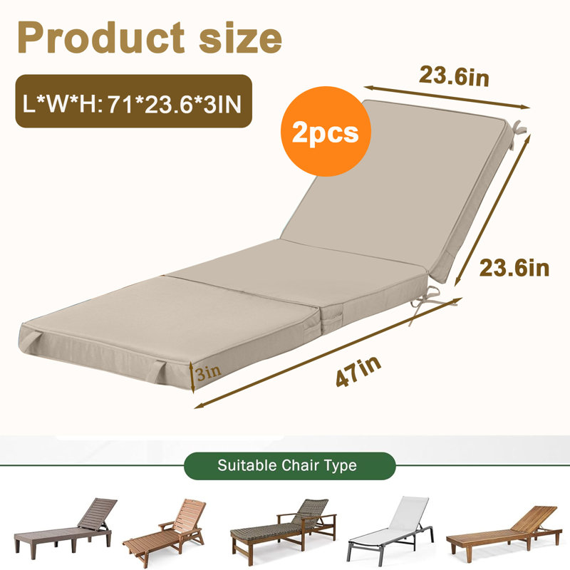 Outdoor Chaise Lounge Cushion, Patio Lounge Chair Cushions Set Of 2, Removable Cover, Sun Lounger Replacement Pads For Outdoor Furniture