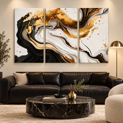 3 Pieces Exculisive Black White and Gold Abstract Large Wall Art Fluid Marble Swirls Panoramic, Canvas Decor for Living Room, Bedroom and Office