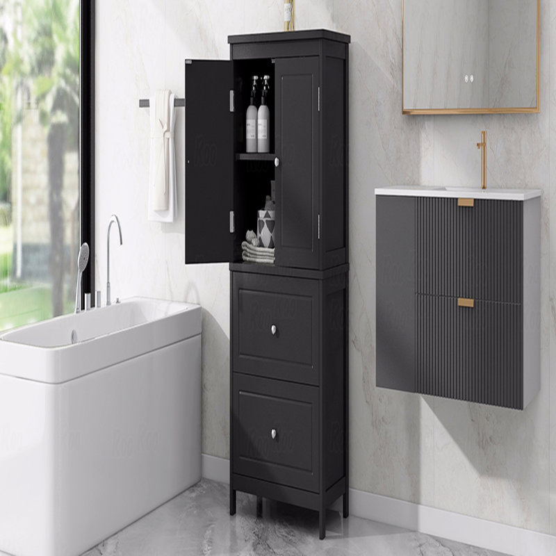 Bathroom Storage Cabinet, Cabinet With 2-Doors And Drawers, Adjustable Shelves, MDF Board, Black