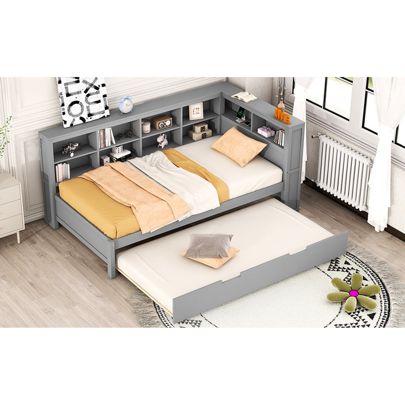 Twin Daybed With Storage Shelf, Grey Trundle And Connector Trundle, Shelf