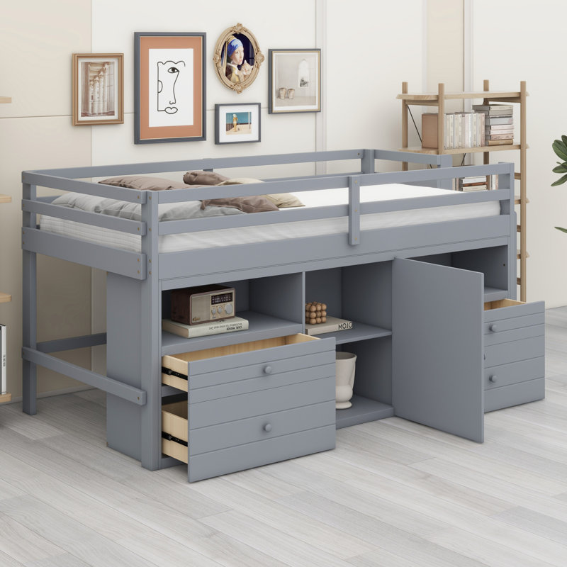 Loft Bed With 4 Drawers, Underneath Cabinet And Shelves, Gray