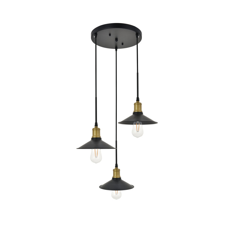 Luminaire suspendu conique 3 lumières grappe Dellwood, Noir / Laiton
