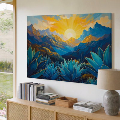 A Stylized Desert Sunrise Painting Framed By Agave Plants In The Foreground The Agaves Canvas Wall Art Premium Quality Ready To Hang
