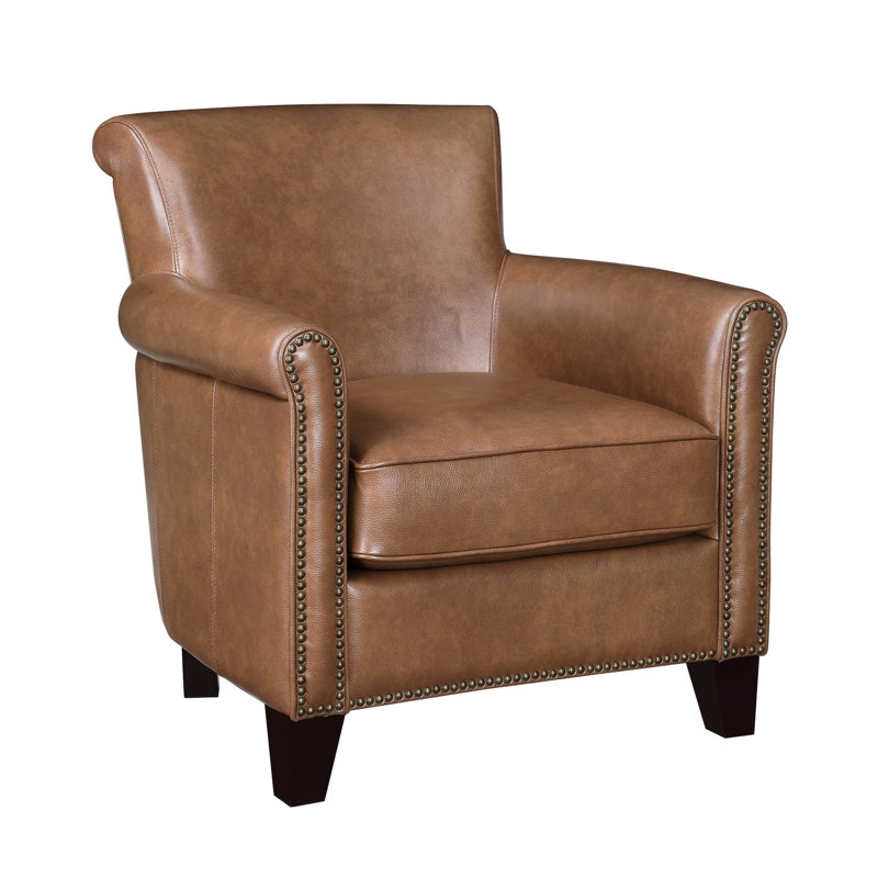 Fauteuil d'appoint en cuir brun avec ressorts ensachés, structure en bois massif et coussin de soutien spacieux, Brun