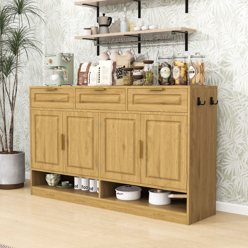 Farmhouse Sideboard with 3 Drawers, Adjustable Shelves and Open Storage, Natural