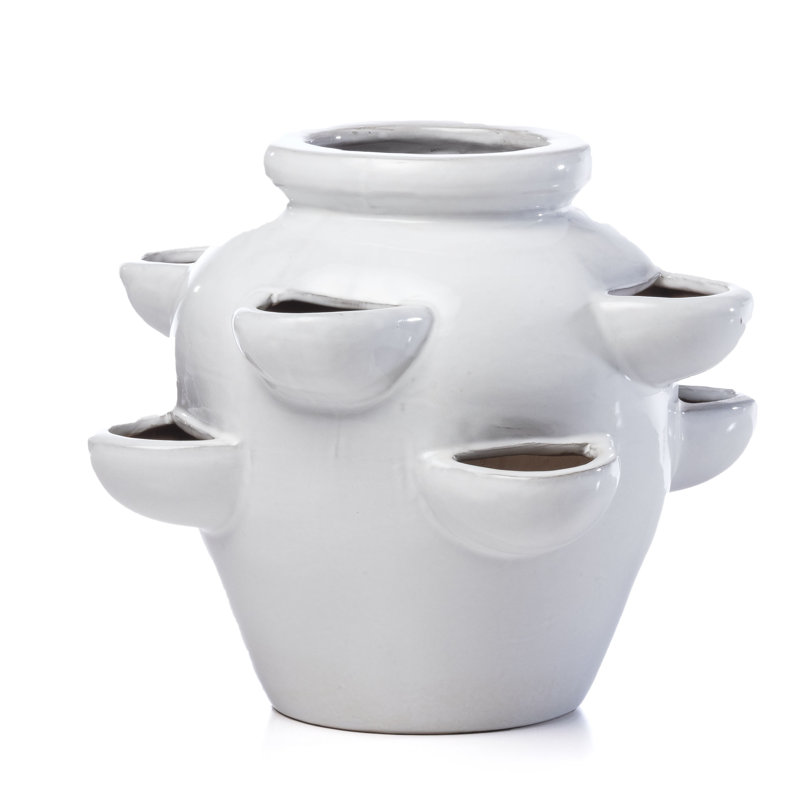 Pot à fleurs en céramique fraise 8 poches Seo, Blanc